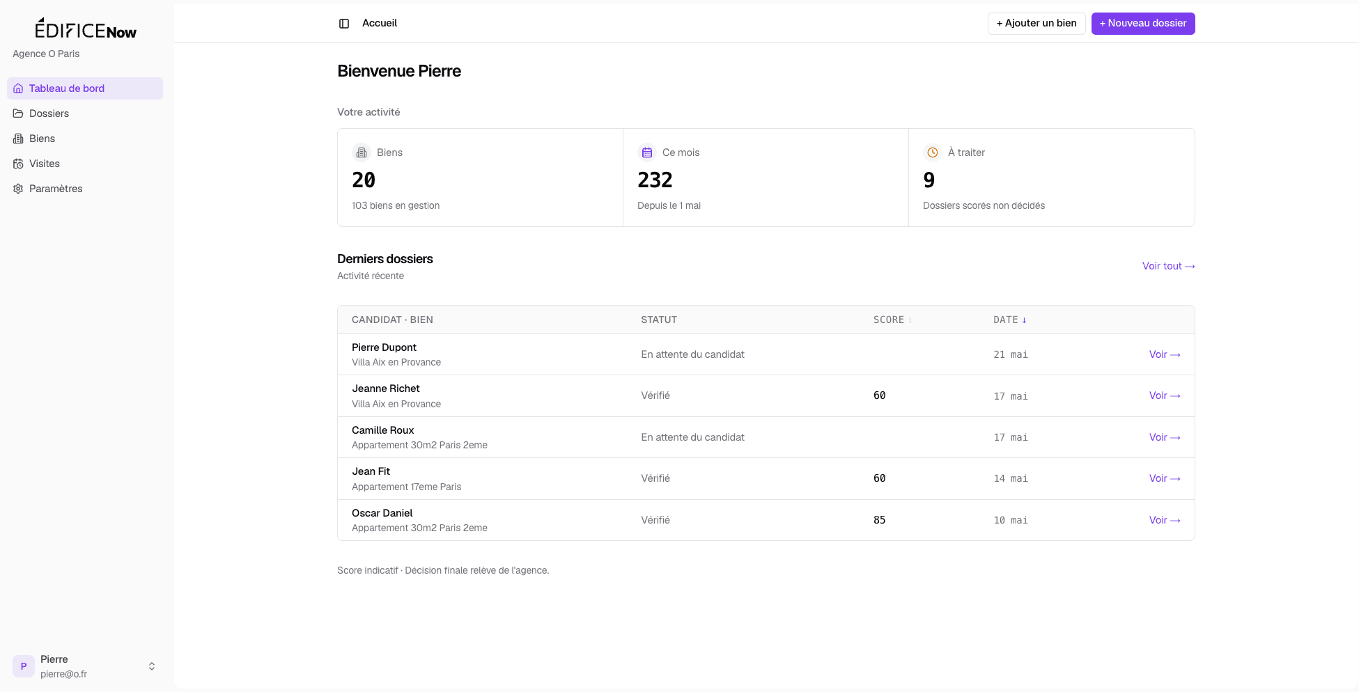 Tableau de bord agence Édifice — vue Bienvenue avec KPIs et derniers dossiers